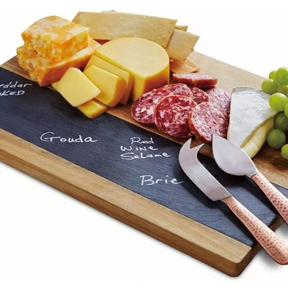 5pc. Refinery & Co Acacia Wood & Slate Cheese Board Set Hammered Copper Knives - Picture 11 of 12